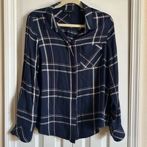 WHBM Navy Plaid Button-Up Flannel Shirt
